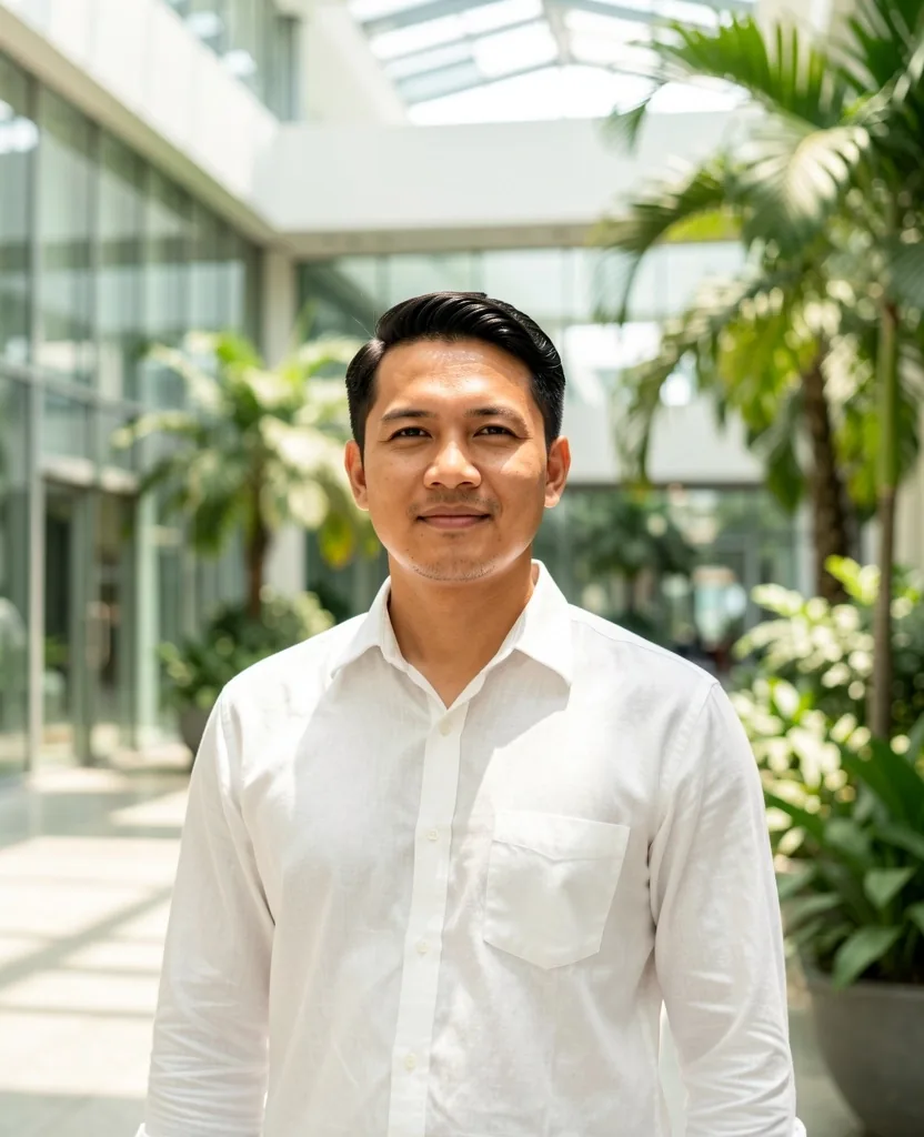 Active professional photographed in a modern architectural setting