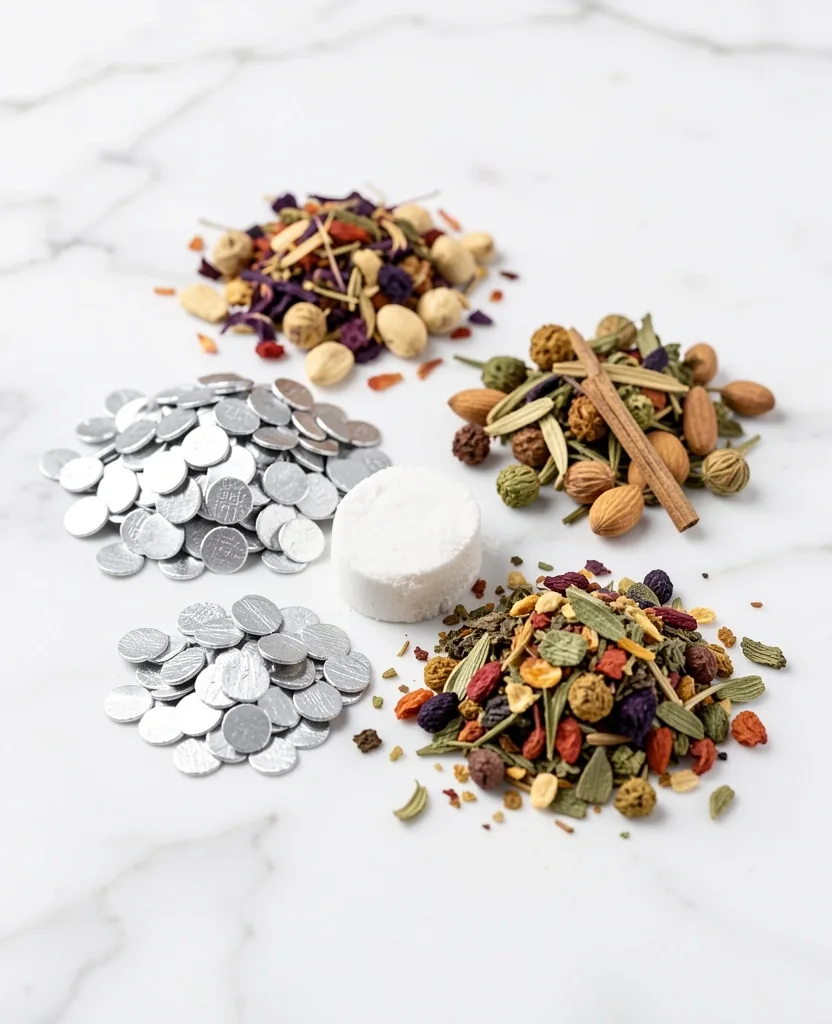Organized mineral and vitamin powder samples on a laboratory bench